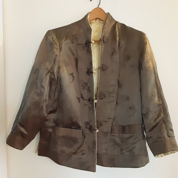 Peony Brand Satin Brocade Reversible Chinese Jacket Gold/Black Frog Closures XL - Picture 5 of 7